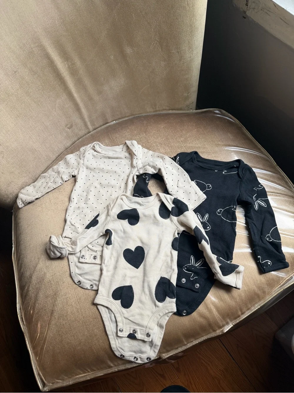 Carter's Long-Sleeve Baby Bodysuits - Cream & Black Heart and Bunny Prints